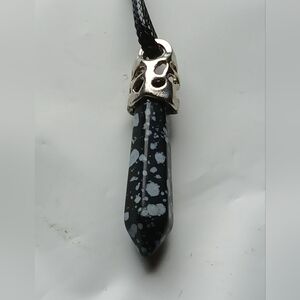 Snowflake Obsidian Black and Silver Pendant Necklace